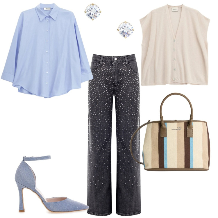 Outfit donna - Light blue. Stile Casual chic per Ufficio. Abbinamento con shopping bag, camicie, gilet, jeans, orecchini, décolleté.