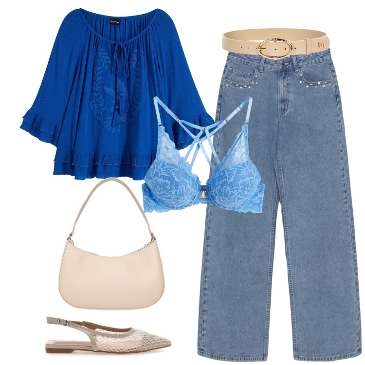 Outfit donna - Total look #2353013. Stile Casual chic per Tutti i giorni. Abbinamento con reggiseni, tuniche, jeans, borse a tracolla, cinture, décolleté.
