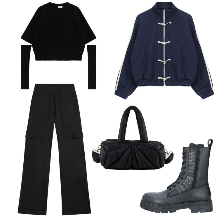 Outfit donna - Gorpcore X tutti i giorni. Stile Urban per Tutti i giorni. Abbinamento con anfibi, maglieria, felpe, pantaloni cargo, borse a mano.