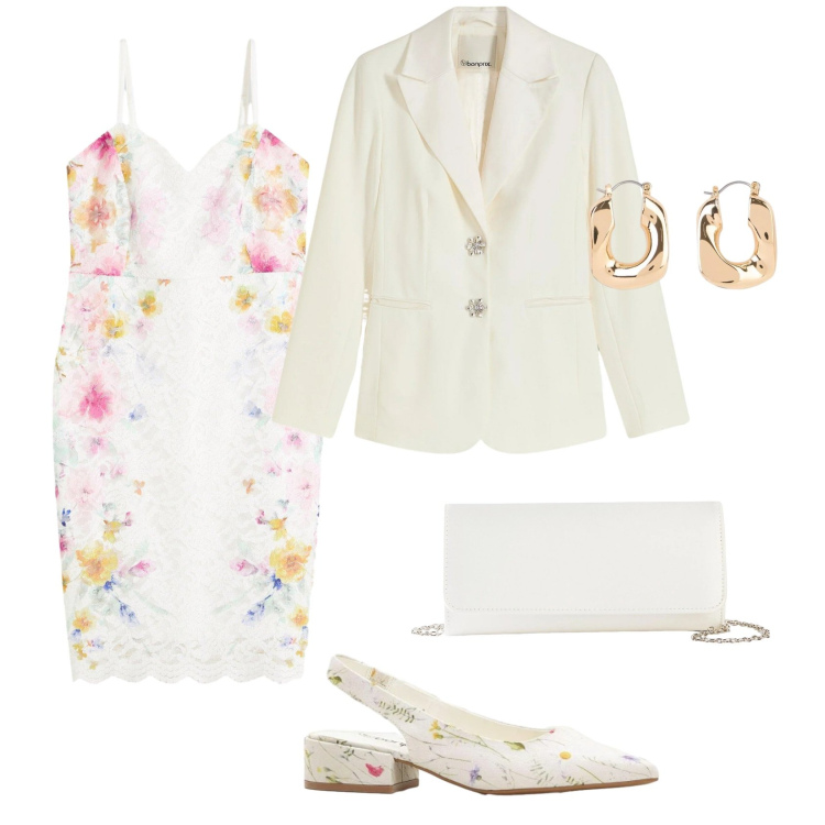 Outfit donna - Total look #2353015. Stile Chic per Cerimonia. Abbinamento con vestiti, blazer, décolleté, orecchini, pochette.