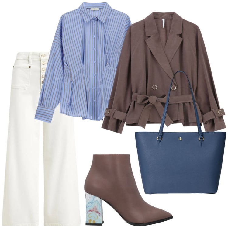 Outfit donna - Total look #2353026. Stile Trendy per Tutti i giorni. Abbinamento con stivaletti, blazer, camicie, borse tote, jeans.