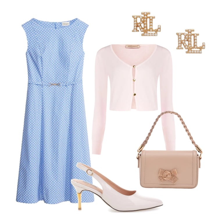 Outfit donna - Aperitivo pastello. Stile Glamour per Serata fuori. Abbinamento con vestiti, cardigans, pochette, orecchini, décolleté.