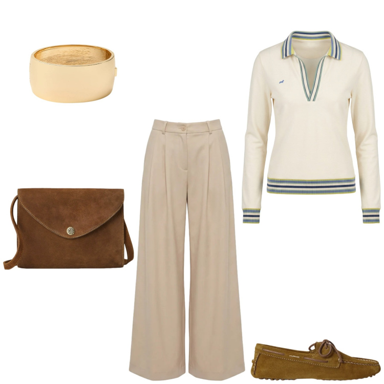Outfit donna - Comodità e Eleganza. Stile Casual chic per Tutti i giorni. Abbinamento con polo, pantaloni, borse a tracolla, mocassini, braccialetti.