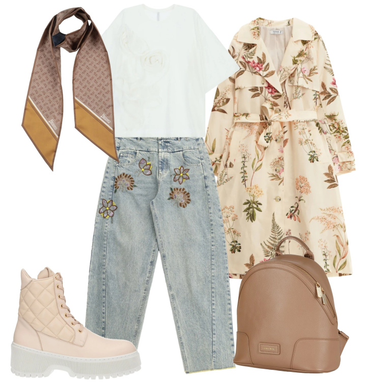 Outfit donna - Total look #2353032. Abbinamento con zaini, anfibi, sciarpe, t-shirt, jeans, trench.