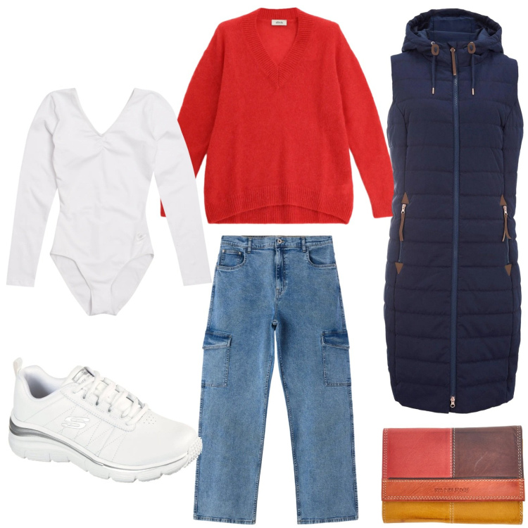 Outfit donna - Il body elasticizzato. Stile Casual per Tutti i giorni. Abbinamento con gilet, jeans dritti, maglieria, body, sneakers, portafogli.