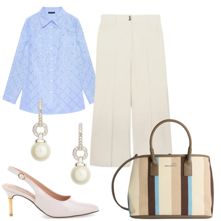 Outfit donna - Light Blue. Stile Chic per Serata fuori. Abbinamento con shopping bag, camicie, pantaloni chino, orecchini, décolleté.
