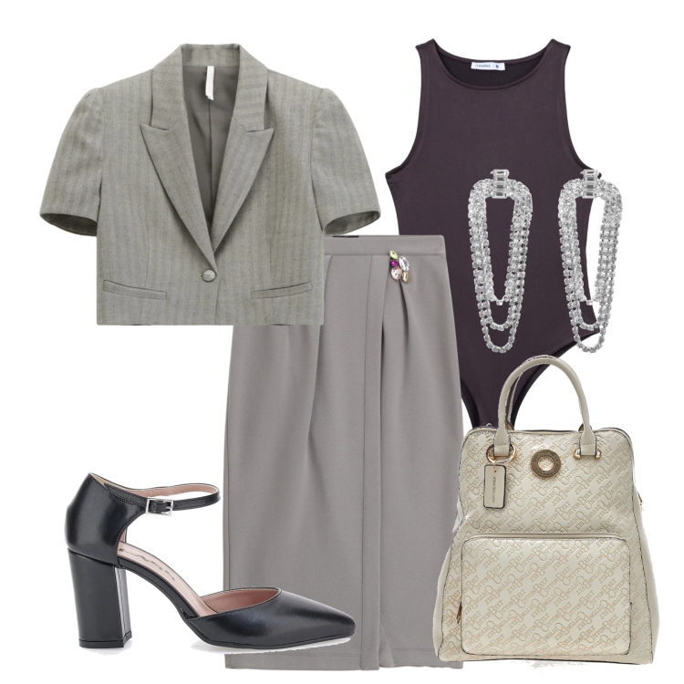Outfit donna - Tendenza tailleur. Stile Chic per Tutti i giorni. Abbinamento con orecchini, body, blazer, gonne, décolleté, zaini.