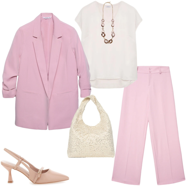 Outfit donna - Colori pastello. Stile Casual chic per Cerimonia. Abbinamento con pantaloni, blazer, borse a spalla, bluse, collane, décolleté.