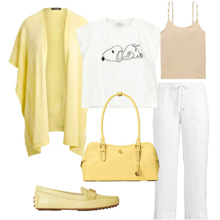 Outfit donna - Spring. Stile Casual chic per Tutti i giorni. Abbinamento con t-shirt, mocassini, pantaloni, magliette intime, borse a mano, cappe.