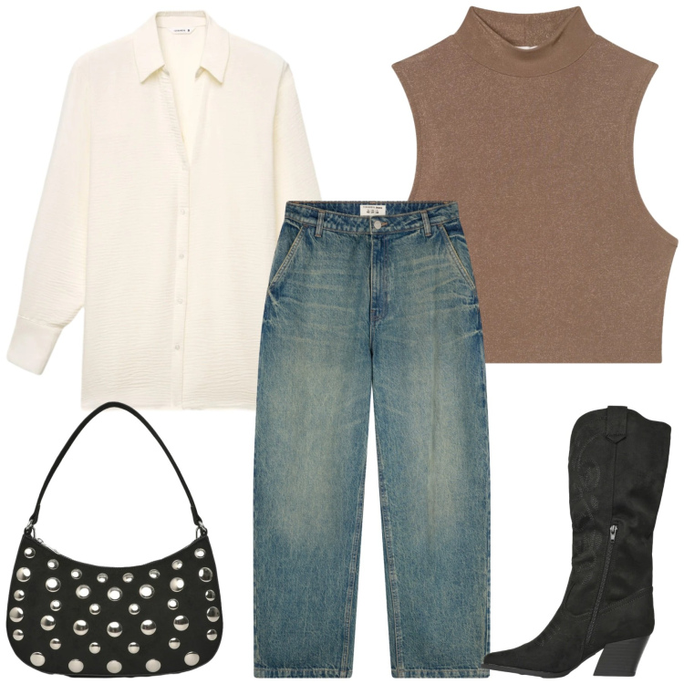 Outfit donna - Stivali Texani. Stile Basic per Tutti i giorni. Abbinamento con stivali, camicie, borse a tracolla, top, jeans.