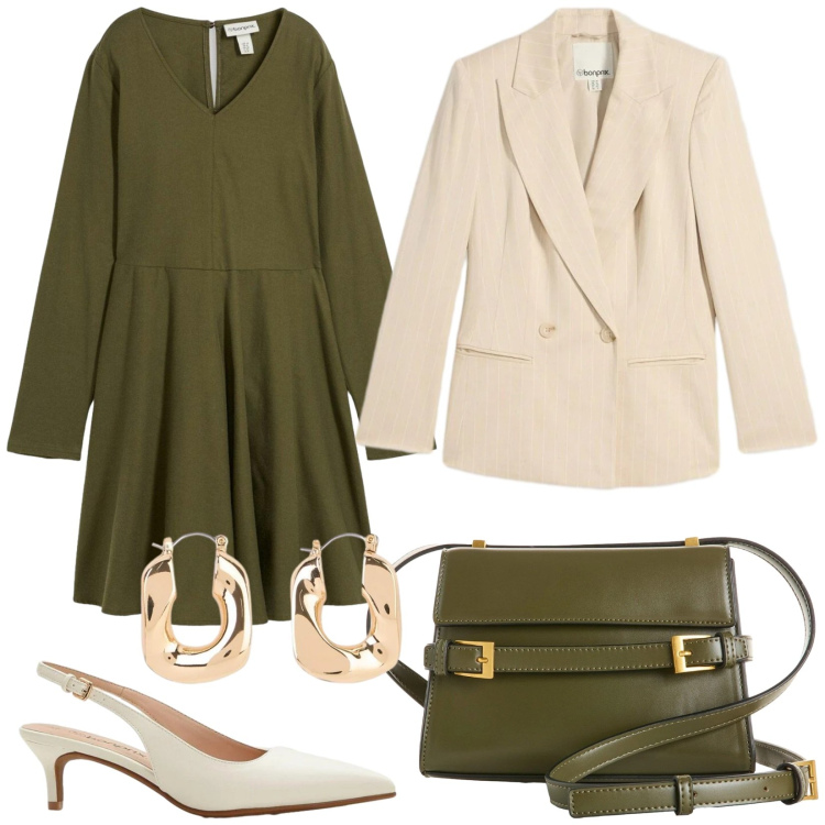 Outfit donna - Total look #2353041. Stile Vintage retrò per Ufficio. Abbinamento con vestiti, décolleté, blazer, orecchini, borse a tracolla.