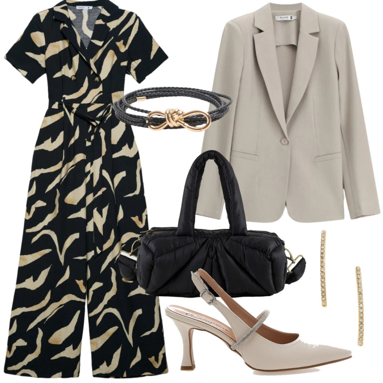 Outfit donna - La tuta fantasia. Stile Minimal per Serata fuori. Abbinamento con tute, cinture, blazer, borse a mano, orecchini, décolleté.