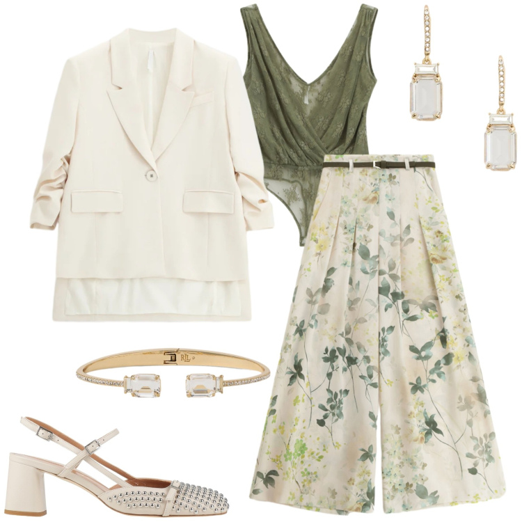 Outfit donna - Colori pastello. Stile Chic per Cerimonia. Abbinamento con décolleté, blazer, pantaloni a palazzo, top, orecchini, braccialetti.