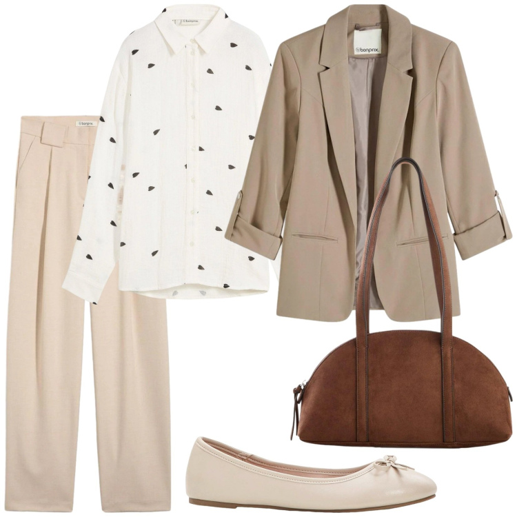 Outfit donna - La mia primavera. Stile Casual chic per Tutti i giorni. Abbinamento con pantaloni, camicie, ballerine, borse a tracolla, blazer.