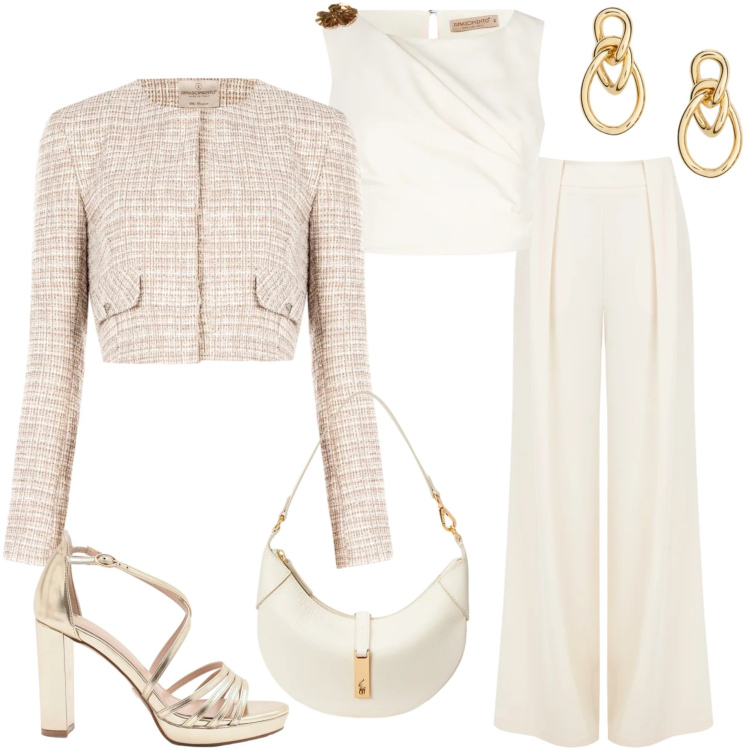 Outfit donna - Colori pastello. Stile Chic per Cerimonia. Abbinamento con pantaloni a palazzo, sandali col tacco, blazer, top, orecchini, borse a spalla.