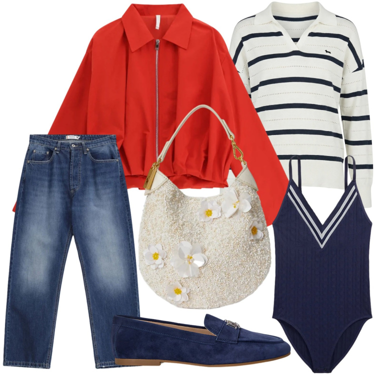 Outfit donna - La pochette con le perle. Stile Minimal per Tutti i giorni. Abbinamento con maglieria, bomber, jeans dritti, mocassini, body, pochette.