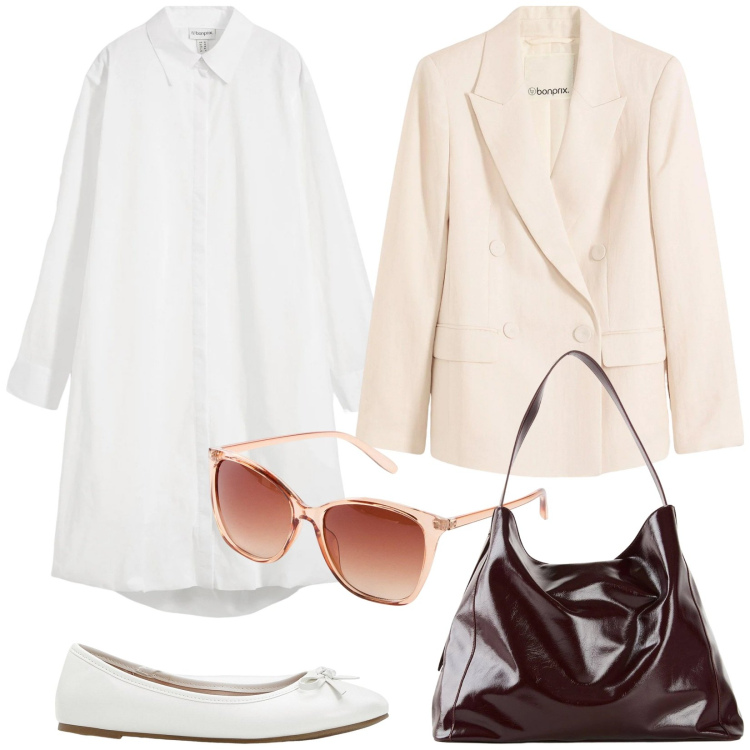 Outfit donna - Abito camicia. Stile Vintage retrò per Tutti i giorni. Abbinamento con vestiti chemisier, ballerine, blazer, shopping bag, occhiali da sole.