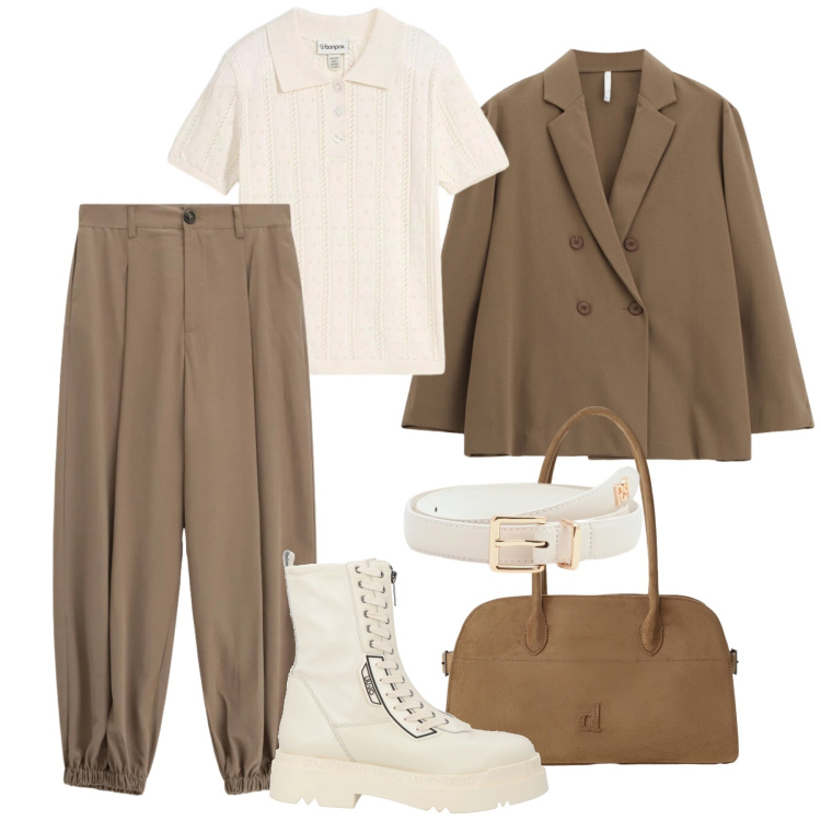 Outfit donna - Rilassata in città. Stile Sporty chic per Tutti i giorni. Abbinamento con anfibi, t-shirt, blazer, cappotti, pantaloni sportivi, cinture.