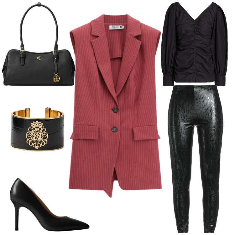 Outfit donna - Urban Noir & Ginger. Stile Trendy per Serata fuori. Abbinamento con leggings, top, gilet, décolleté, braccialetti, borse a mano.