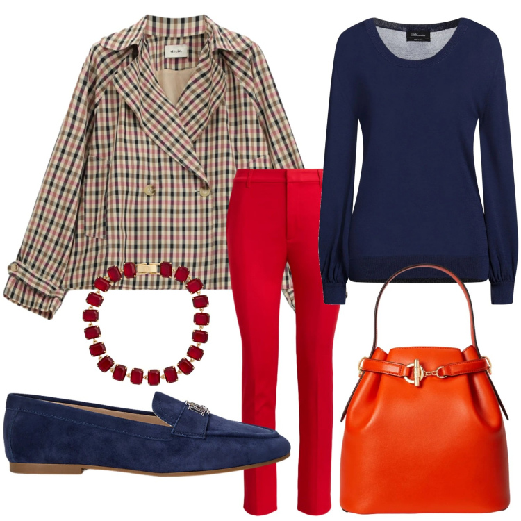 Outfit donna - Capi pratici. Stile Minimal per Tutti i giorni. Abbinamento con pullovers, giacche, pantaloni, mocassini, borse a secchiello, braccialetti.