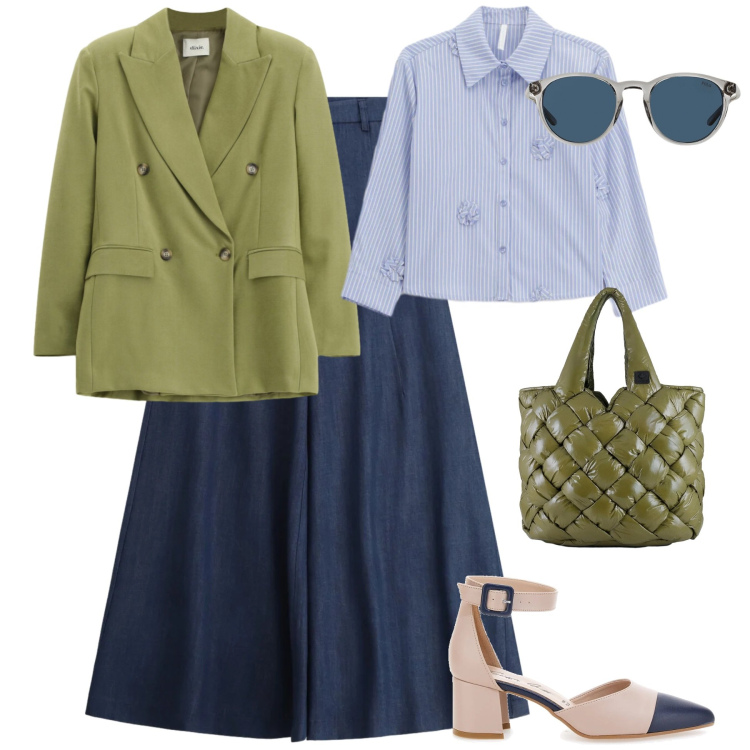 Outfit donna - Total look #2353062. Abbinamento con pantaloni a palazzo, camicie, blazer, borse tote, occhiali da sole, décolleté.