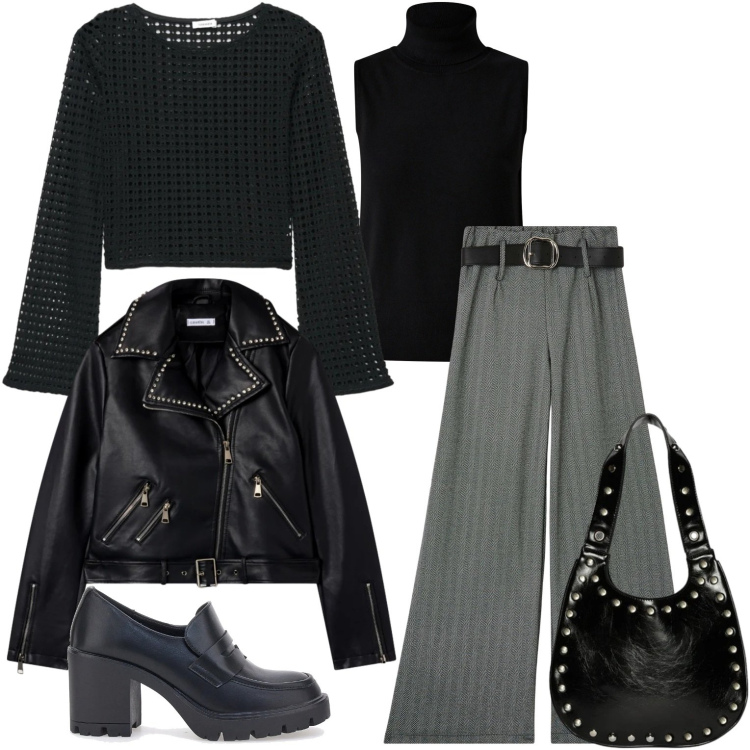 Outfit donna - Un po\' punk. Stile Casual per Tutti i giorni. Abbinamento con borse a spalla, giacche, maglieria, pantaloni, maglieria, mocassini.
