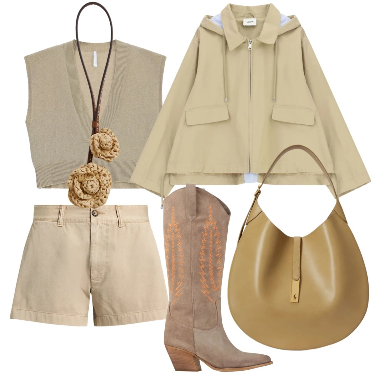 Outfit donna - Texani divini. Stile Trendy per Tutti i giorni. Abbinamento con stivali, top, parka, shorts, borse a spalla, ciondoli.