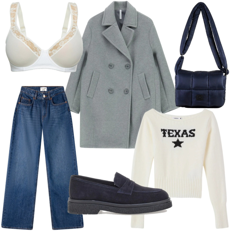 Outfit donna - Cappotto maxi. Stile Urban per Tutti i giorni. Abbinamento con reggiseni, jeans, maglieria, cappotti, borse a spalla, mocassini.