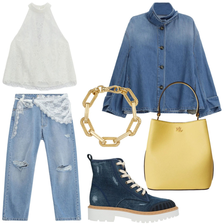 Outfit donna - Comfort e denim. Stile Urban per Tutti i giorni. Abbinamento con stivaletti, top, jeans strappati, blazer, braccialetti, borse a secchiello.