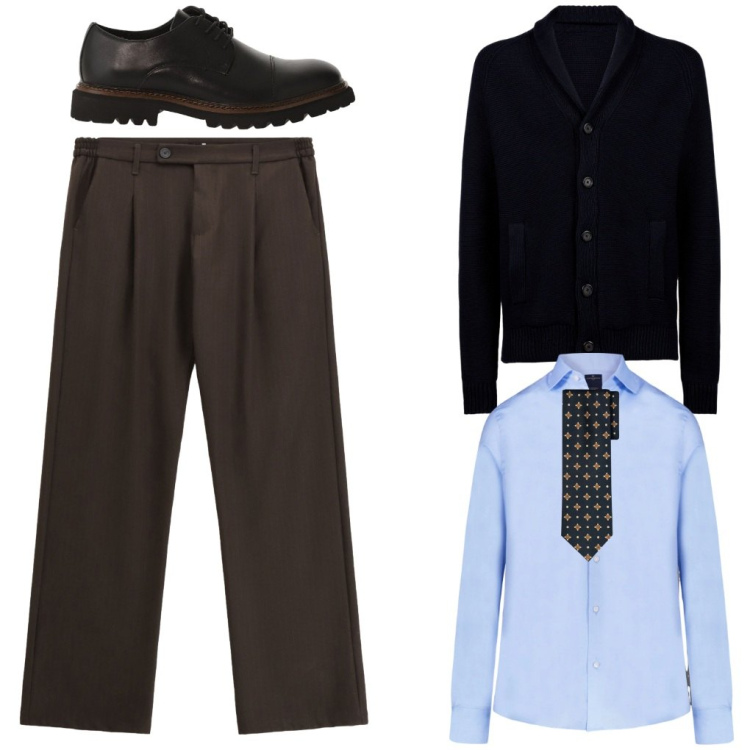 Outfit uomo - Davide: l\'impeccabile.. Stile Casual per Ufficio. Abbinamento con scarpe stringate, pantaloni, camicie, cardigans, cravatte.