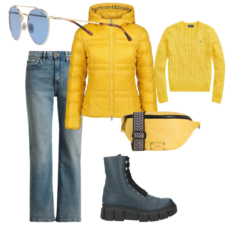 Outfit donna - Yellow vibes. Abbinamento con stivaletti, marsupi, piumini, maglieria, jeans dritti, occhiali da sole.