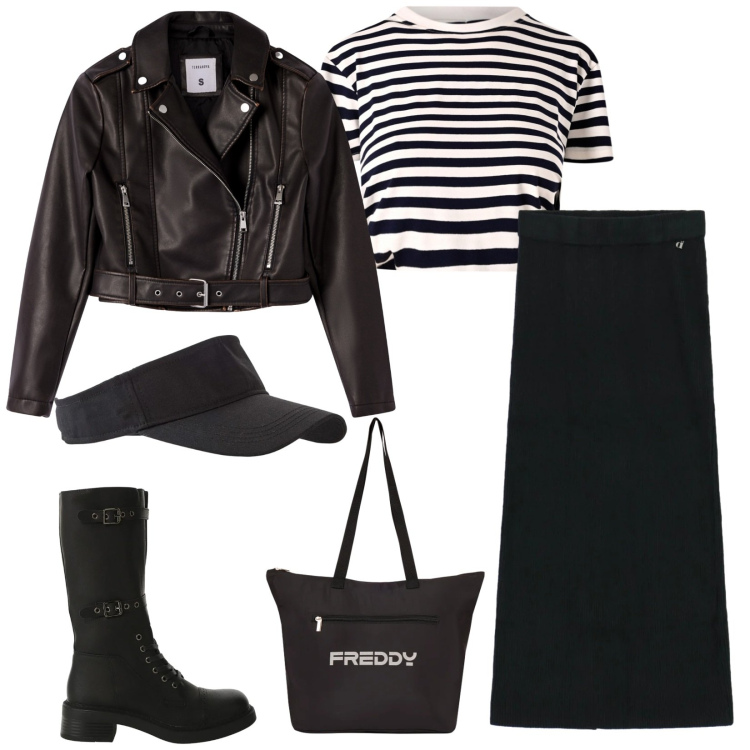 Outfit donna - Total look #2353073. Stile Etnico per Scuola/Università. Abbinamento con cappelli con visiera, giacche, stivali, gonne lunghe, shopping bag, t-shirt.