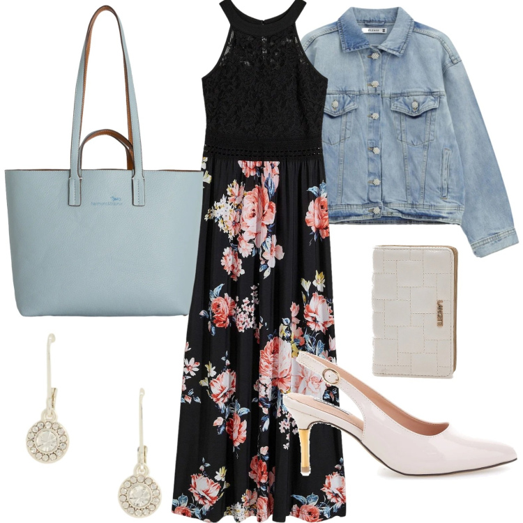 Outfit donna - Abito floreale con pizzo. Stile Glamour per Serata fuori. Abbinamento con vestiti lunghi, shopping bag, blazer, orecchini, décolleté, portafogli.