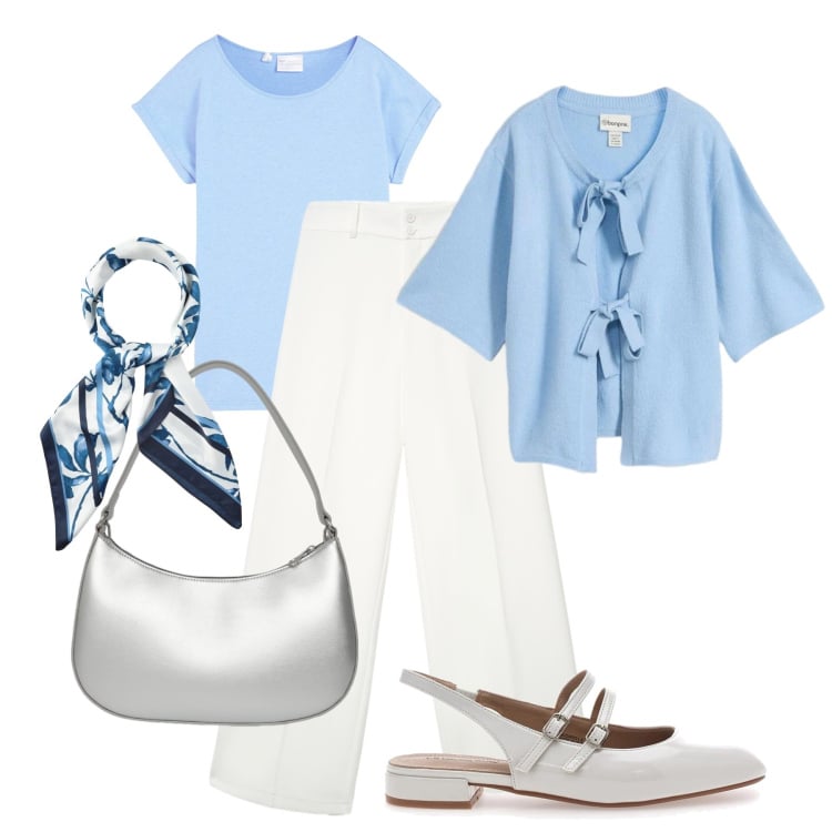 Outfit donna - Palette pastello H24. Stile Romantica per Tutti i giorni. Abbinamento con cardigans, maglieria, pantaloni, foulard, borse a tracolla, ballerine.