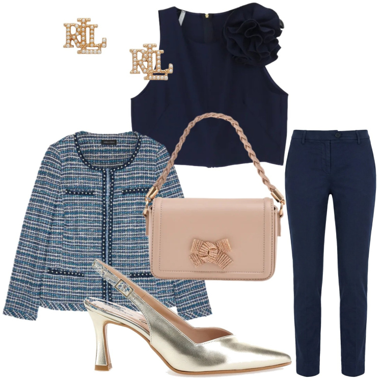 Outfit donna - Top sofisticato. Stile Glamour per Serata fuori. Abbinamento con pantaloni, top, blazer, pochette, orecchini, décolleté.