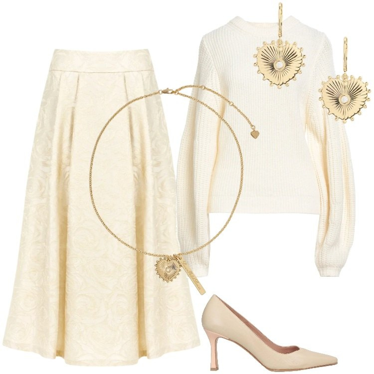 Outfit donna - Total look #2353079. Stile Casual chic per Cerimonia. Abbinamento con pullovers, décolleté, gonne longuette, orecchini, ciondoli.