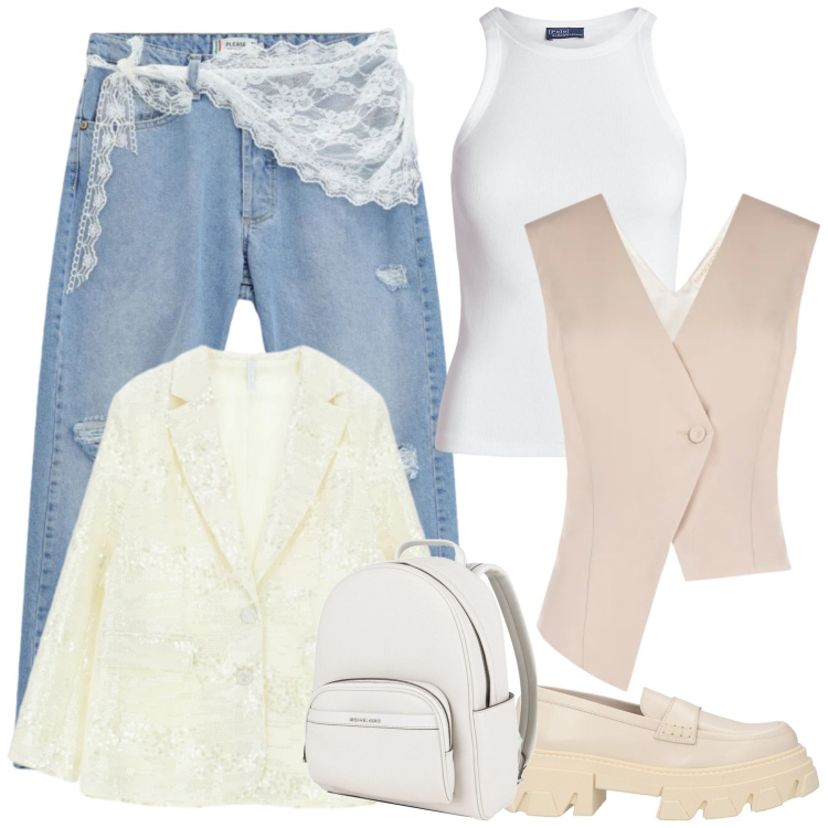 Outfit donna - Look. Stile Casual per Tutti i giorni. Abbinamento con zaini, mocassini, blazer, jeans strappati, gilet, canottiere.