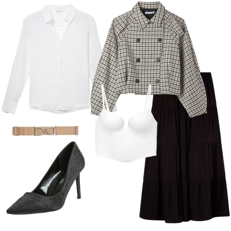 Outfit donna - Total look #2353082. Abbinamento con cinture, gonne lunghe, camicie, caban, reggiseni, décolleté.