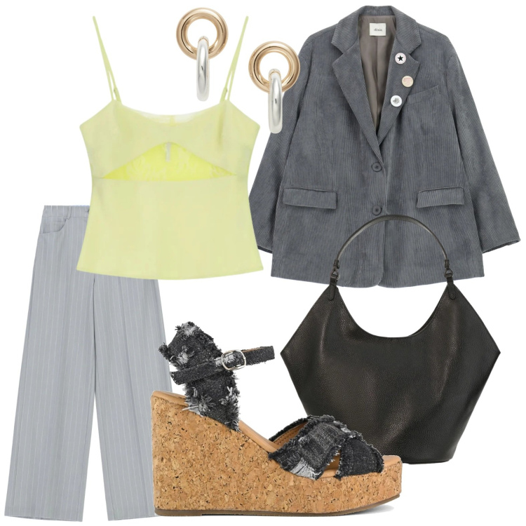 Outfit donna - Top valorizzante. Stile Urban per Tutti i giorni. Abbinamento con pantaloni a palazzo, canottiere, borse a spalla, blazer, orecchini, zeppe.