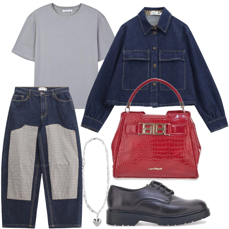 Outfit donna - Jeans versatili. Stile Casual per Tutti i giorni. Abbinamento con t-shirt, collane, jeans, blazer, borse a mano, scarpe stringate.