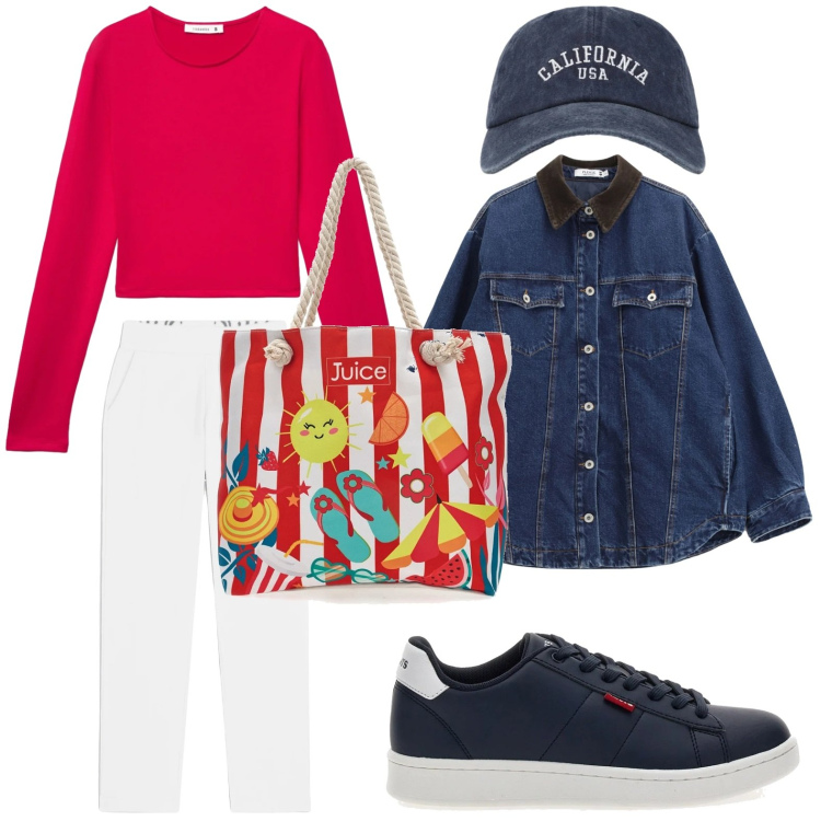 Outfit donna - La borsa allegra. Stile Casual per Tutti i giorni. Abbinamento con cappelli con visiera, t-shirt, pantaloni, blazer, sneakers, shopping bag.
