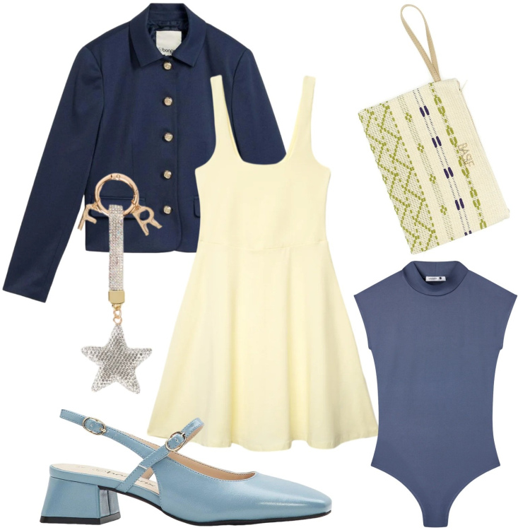 Outfit donna - Look da giorno. Stile Minimal per Tutti i giorni. Abbinamento con blazer, décolleté, vestiti corti, body, portachiavi, pochette.