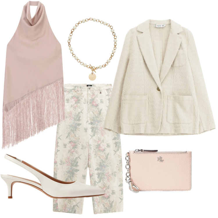 Outfit donna - Top con frange. Stile Minimal per Serata fuori. Abbinamento con top, pantaloni a palazzo, blazer, collane, décolleté, portafogli.