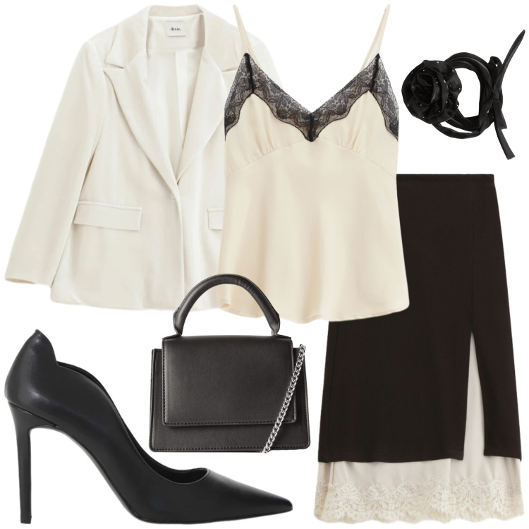 Outfit donna - Total look #2353094. Stile Casual chic per Ufficio. Abbinamento con collane, borse a tracolla, top, décolleté, blazer, gonne longuette.