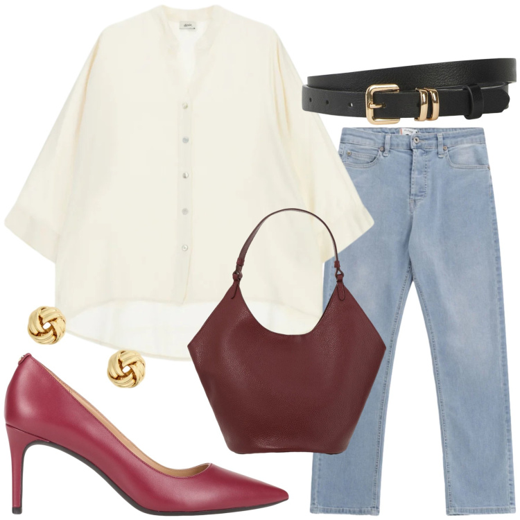 Outfit donna - Total look #2353095. Stile Casual per Serata fuori. Abbinamento con décolleté, cinture, borse a spalla, camicie, jeans, orecchini.