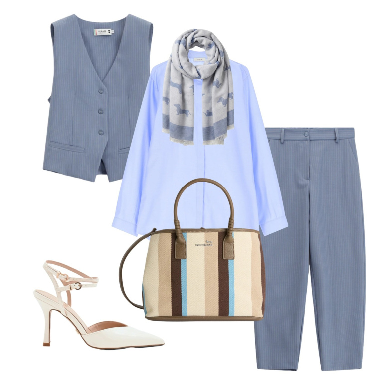Outfit donna - Total look #2353098. Stile Casual chic per Ufficio. Abbinamento con shopping bag, sciarpe, camicie, gilet, pantaloni, décolleté.