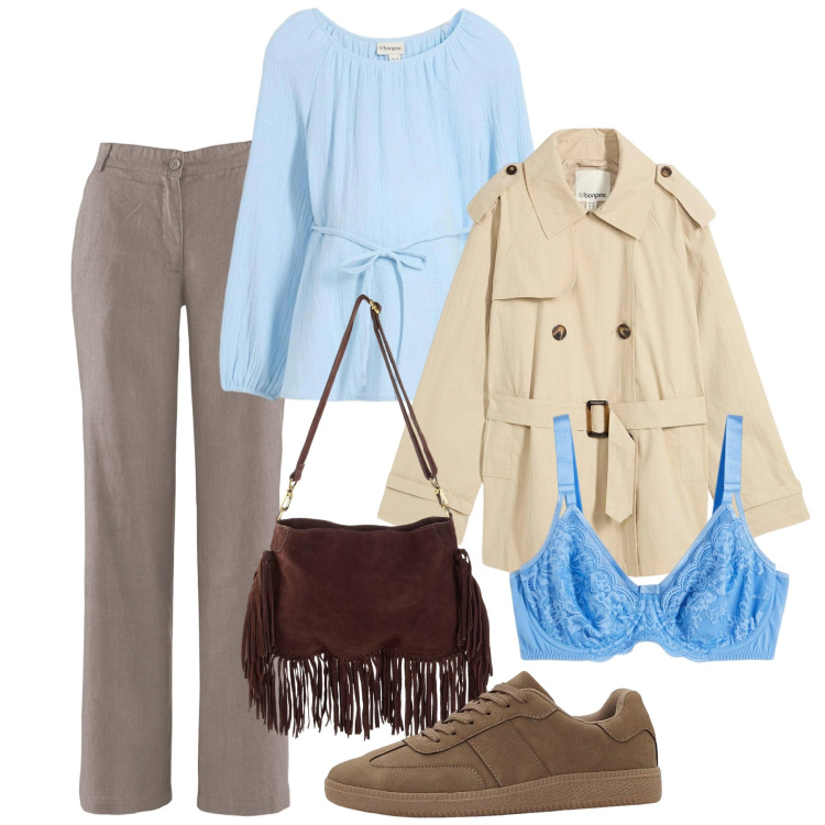 Outfit donna - bonprix - Look primaverili. Stile Basic per Tutti i giorni. Abbinamento con bluse, pantaloni, reggiseni, trench, borse a tracolla, sneakers.