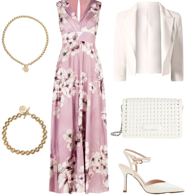 Outfit donna - Total look #2353102. Stile Chic per Cerimonia. Abbinamento con borse a tracolla, blazer, décolleté, vestiti lunghi, collane, braccialetti.