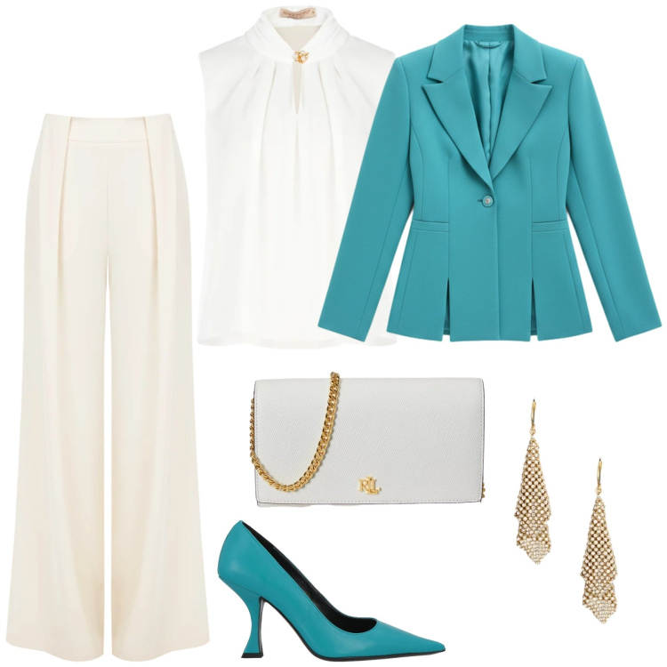 Outfit donna - Total look #2353105. Stile Chic per Cerimonia. Abbinamento con décolleté, top, pantaloni a palazzo, blazer, orecchini, borse a tracolla.