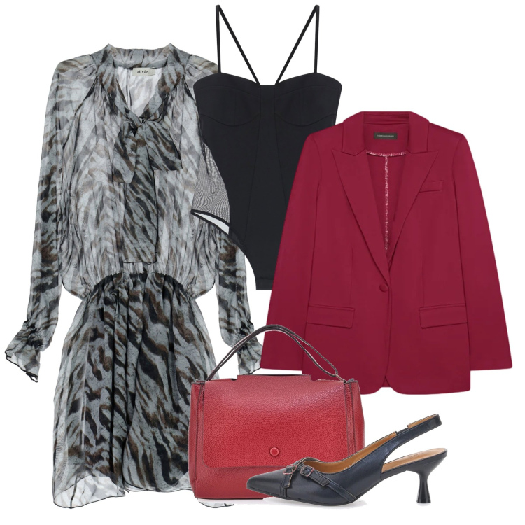 Outfit donna - Bantoa SS26. Stile Chic per Ufficio. Abbinamento con body, blazer, vestiti corti, décolleté, borse a tracolla.